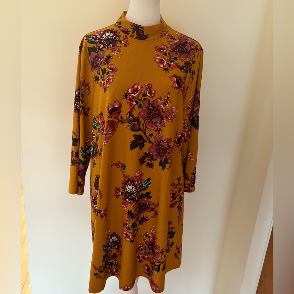 Large As U Wish Mustard Floral Mini Mock Neck Shift Dress - Picture 2 of 8
